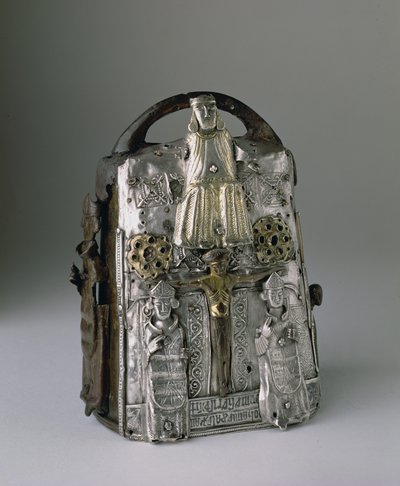 Guthrie Bell Shrine, bearing representations of God and the Crucifixion, an inscription in Latin, kept at Guthrie Castle, Forfarshire by Scottish School